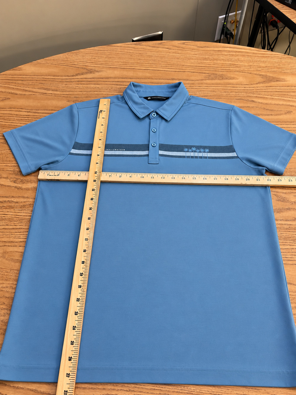 TravisMathew Men’s Large Polo Shirt Blue Palm Tree Stripe Golf Performance